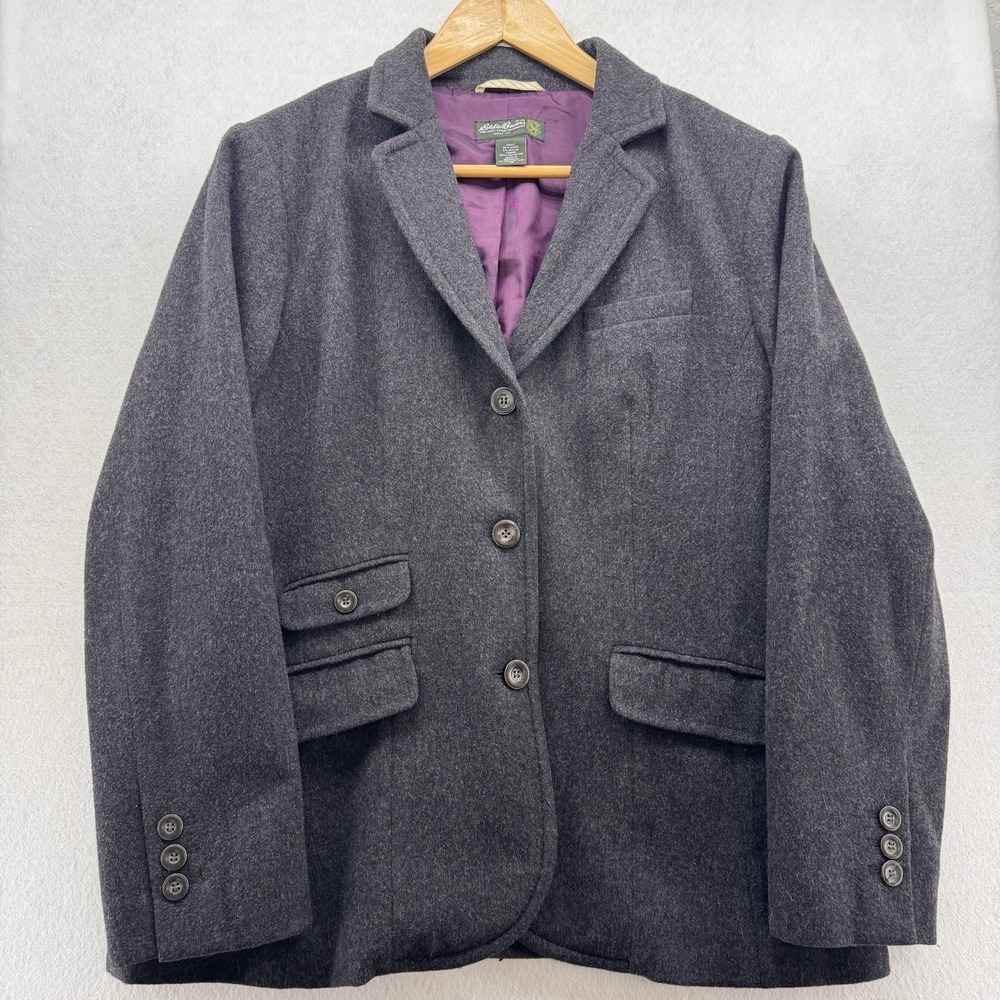 Eddie Bauer Wool Blazer Jacket Womens 18 Gray Three Button Career Preppy